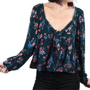 American Eagle Outfitters Dark Green, Pink & Blue Floral Blouse